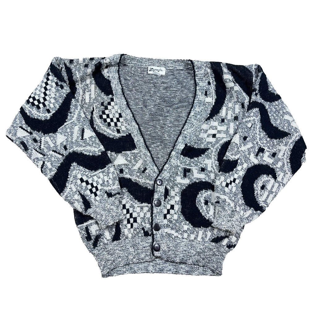 Vintage Cardigan Sweater Men Large Tall Gray Grandpa Cosby Geometric Acrylic 90s